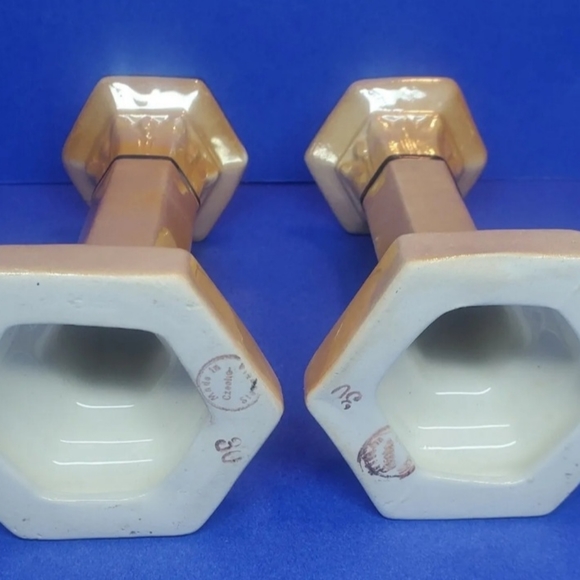 Pedestal Roman Column Candlestick Holders Vintage Lusterware Unique Peach Beige - Picture 3 of 9